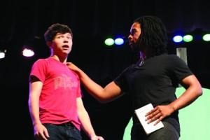 Sophomore Troy West and senior Terrell Grant practice scene one of The Hobbit. West plays Bilbo Baggins, and this is his first year with the PG Players. Grant Plays Gandalf the Grey. Photo by Devan Fishburne.