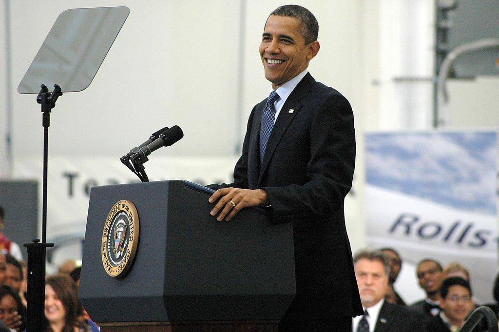 President Barack Obama addresses an audience at the Rolls Royce Plant in Prince George County, VA, in March 2012. Photo by Wayne Epps, Jr.
