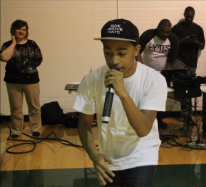 Senior Sterling Mclymont performs during the rap battle. He did not win the contest, however. Photo by Ronald Dayvault.