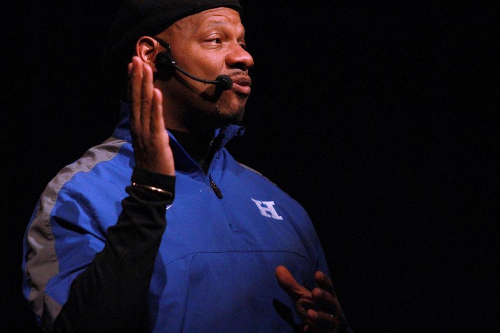 CAPTION: Former NFL player Steve Fitzhugh spreads message of the harmful affects of drug, alcohol, and nicotine abuse. Fitzhugh makes the makes the crowd laugh with his querkie interjections and entertaining dances across the auditorium stage.