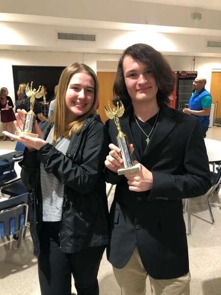Seniors Sara Radford and Ian Brenzie pose with their trophies for placing at their forensics competition. Brenzie and Radford intend to participate in the competition event on February 15th.
Photo by Heidi Crane