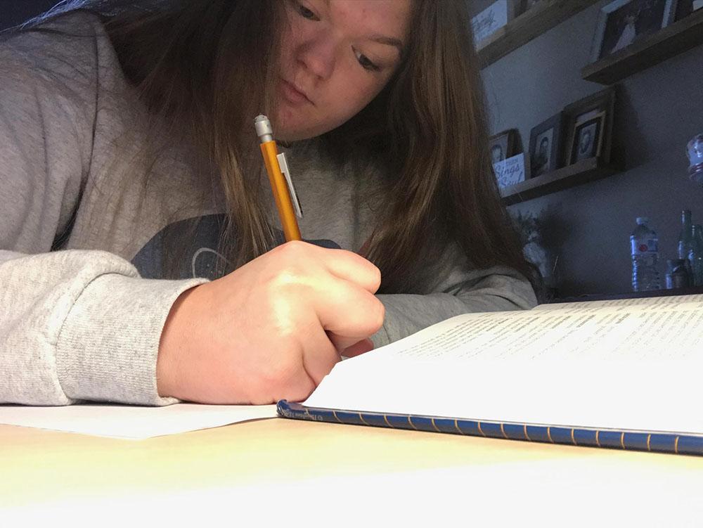 Senior+Meghan+Mutter+works+on+homework+during+the+two+week+break.++Mutter+sets+aside+time+each+day+to+work+on+assignments.+Photo+contributed+by+Meghan+Mutter.