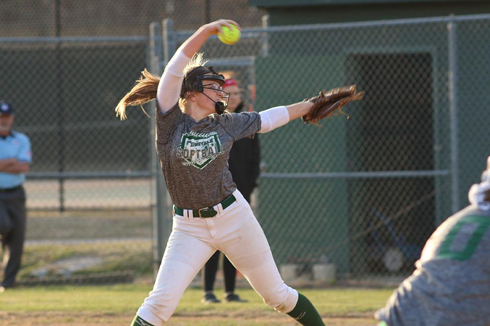 Senior Erin Miles pitches at the scrimmage against Hermitage High School. Miles has played left field in addition to pitching for the Royals. Photo by Shelby Hayes.
