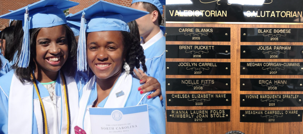 Pictured to the left Prince George HIgh School Salutatorian 2009 Yvonne Sprately posing at her University of North Carolina graduation in 2013. To the right is the plaque that stands in the PGHS front office.